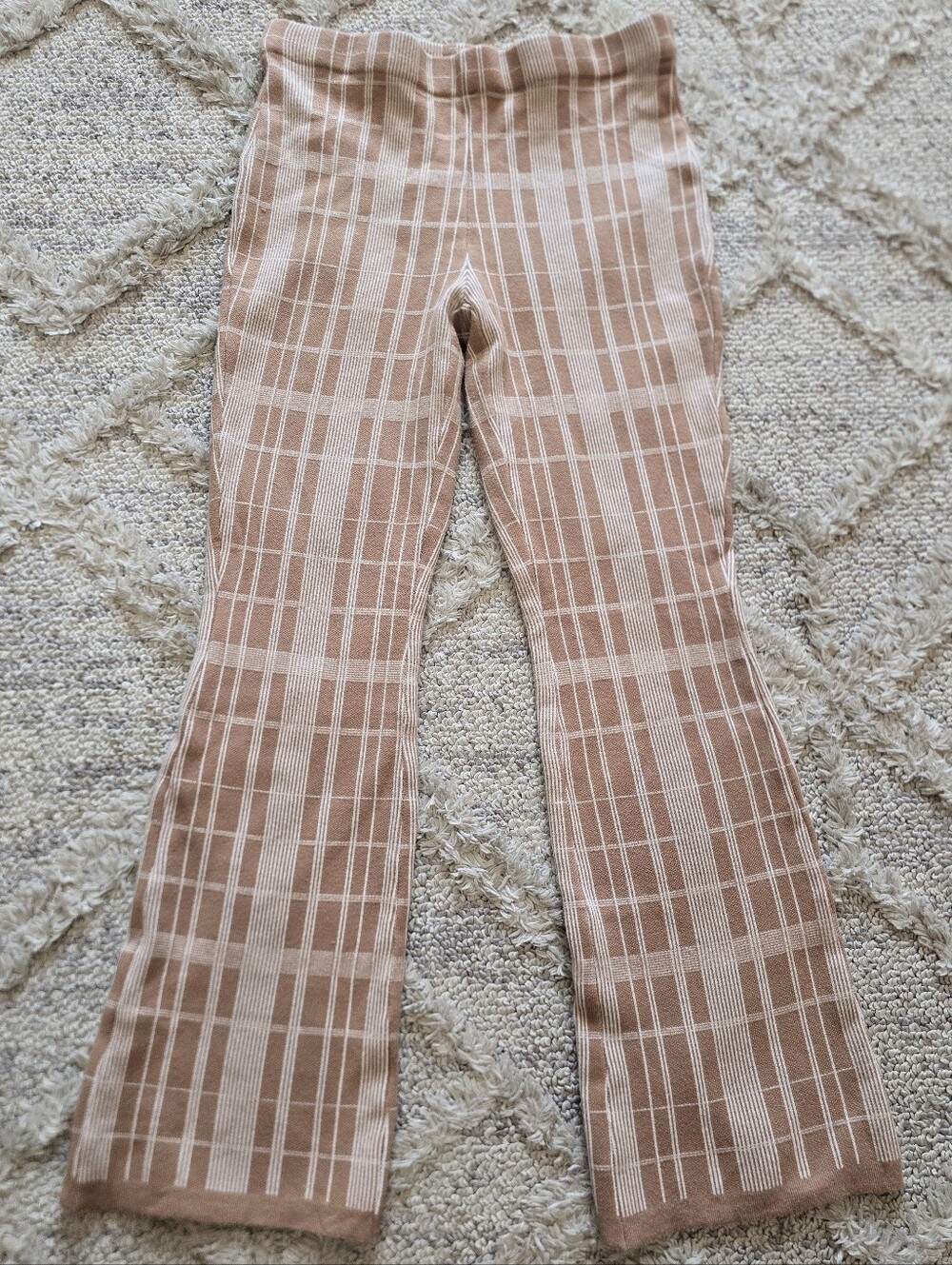 Bohme Pants Womens L Beige Tan Brown Plaid Knit Flared Retro Boho Hippie